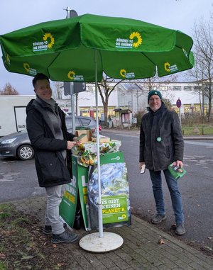 Zwei Grüne mit Infomaterial unter einem grünen Sonnenschirm auf dem Wochenmarkt in Reinfeld